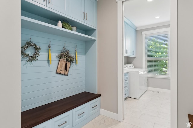 1375 S Red Filly Rd, Heber City, UT 84032 - mudroom with washer and clothes dryer, recessed lighting, marble finish floor, and baseboards