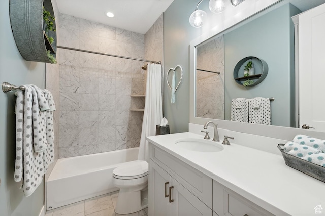1375 S Red Filly Rd, Heber City, UT 84032 - bathroom featuring vanity, recessed lighting, toilet, marble finish floor, and shower / bath combo with shower curtain