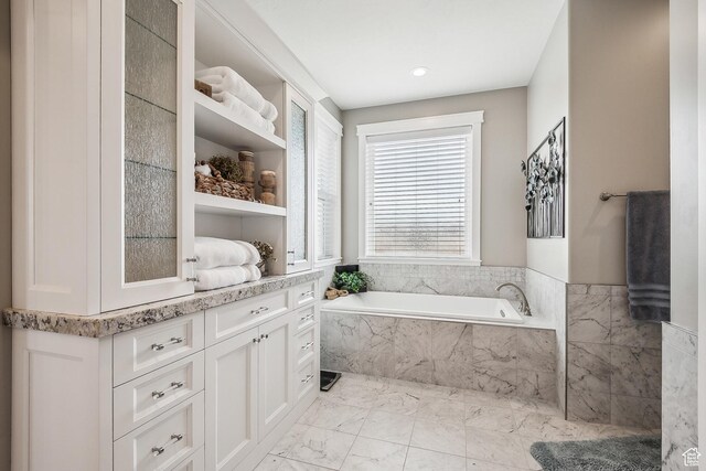 1375 S Red Filly Rd, Heber City, UT 84032 - bathroom featuring a garden tub, marble finish floor, and vanity