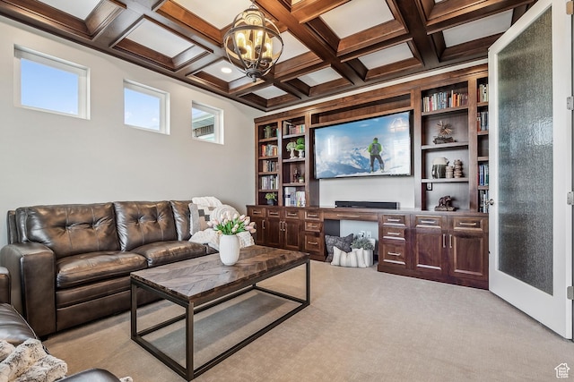 1375 S Red Filly Rd, Heber City, UT 84032 - living area featuring beamed ceiling, light colored carpet, an inviting chandelier, and coffered ceiling