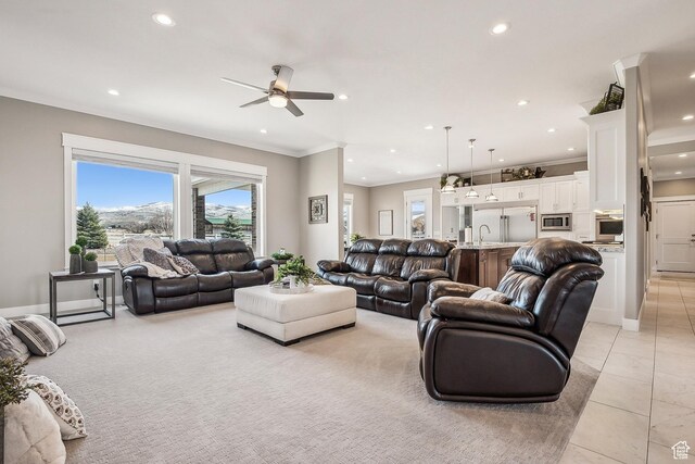 1375 S Red Filly Rd, Heber City, UT 84032 - living area with baseboards, ornamental molding, recessed lighting, light tile patterned floors, and ceiling fan
