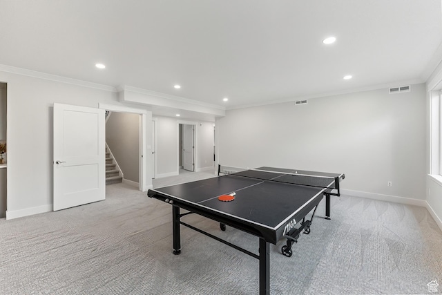 1375 S Red Filly Rd, Heber City, UT 84032 - rec room featuring baseboards, visible vents, light colored carpet, and crown molding
