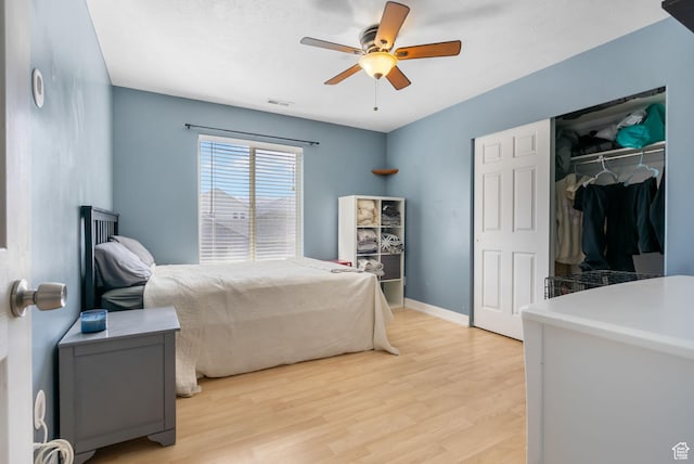 1468 N 220 W, Tooele, UT 84074 - bedroom with a closet, baseboards, visible vents, ceiling fan, and light wood finished floors