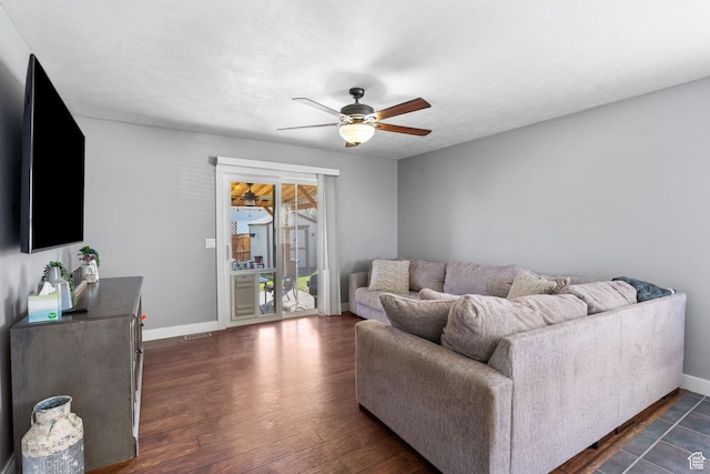 1468 N 220 W, Tooele, UT 84074 - living area featuring ceiling fan, baseboards, dark wood-style floors, and visible vents