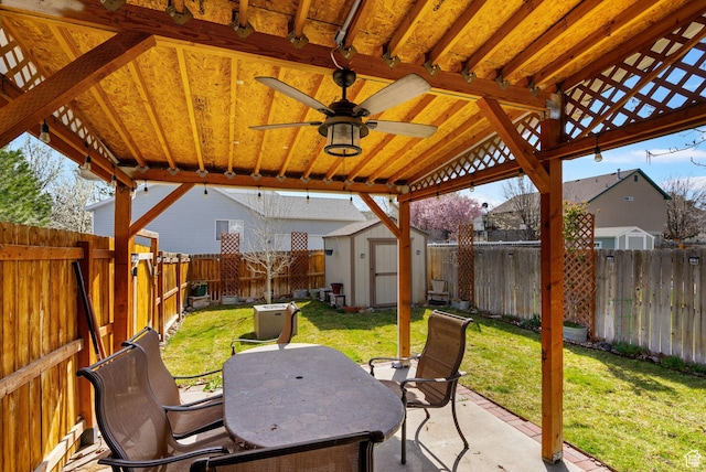 1468 N 220 W, Tooele, UT 84074 - view of patio with ceiling fan, a shed, a fenced backyard, and an outdoor structure