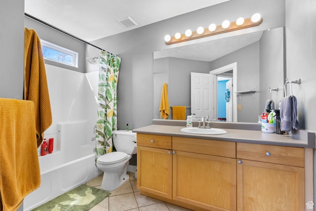 1468 N 220 W, Tooele, UT 84074 - bathroom featuring shower / bath combination with curtain, vanity, tile patterned flooring, visible vents, and toilet