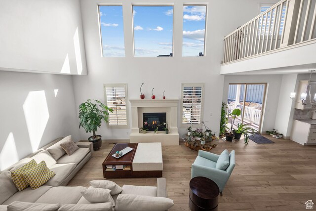 814 N 1490 E, Heber City, UT 84032 - living room with wood finished floors, a towering ceiling, and a warm lit fireplace