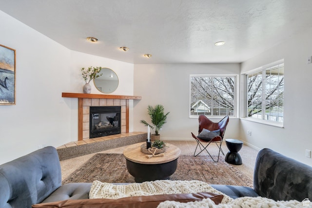 492 W 175 N, Orem, UT 84057 - carpeted living room featuring a fireplace, a textured ceiling, and baseboards