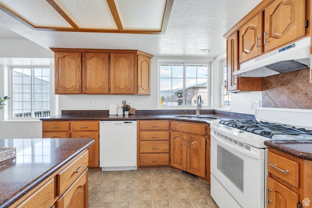 492 W 175 N, Orem, UT 84057 - kitchen featuring a sink, brown cabinetry, white appliances, and under cabinet range hood