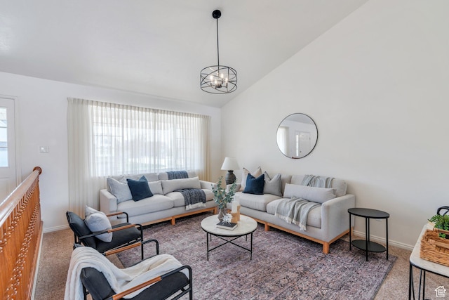 492 W 175 N, Orem, UT 84057 - carpeted living area featuring a notable chandelier, baseboards, and lofted ceiling