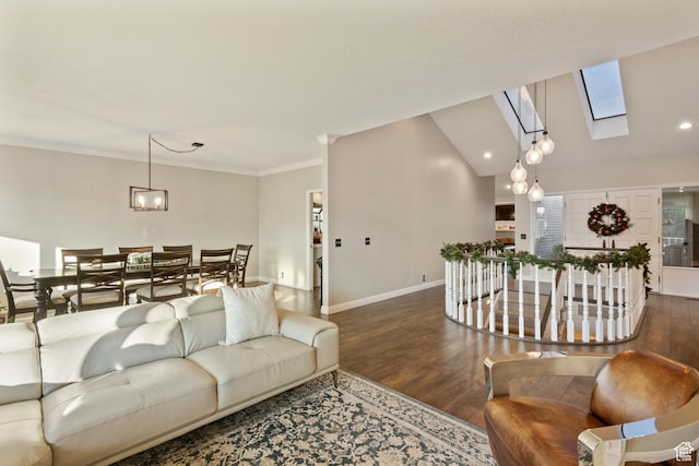 819 N Juniperpoint Dr, Salt Lake City, UT 84103 - living area with dark wood-type flooring, baseboards, ornamental molding, and a skylight