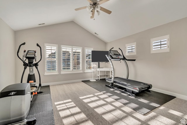 11968 N Ithica Dr, Highland, UT 84003 - workout room with visible vents, baseboards, a ceiling fan, and carpet flooring
