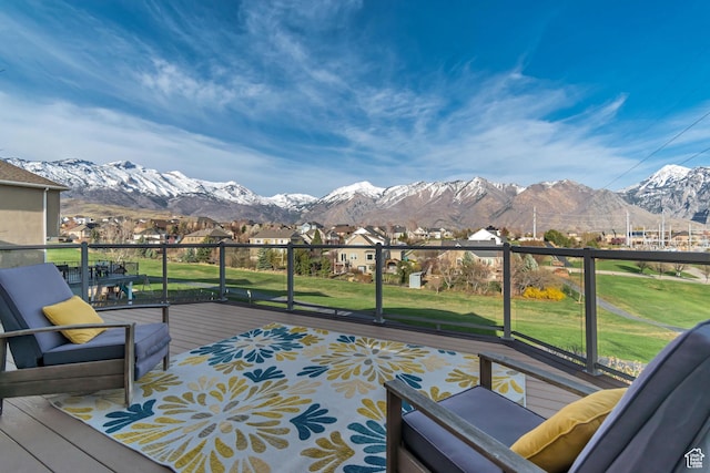 11968 N Ithica Dr, Highland, UT 84003 - wooden deck featuring a yard, a mountain view, and a residential view
