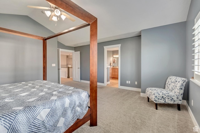 11968 N Ithica Dr, Highland, UT 84003 - bedroom with baseboards, ceiling fan, light colored carpet, and vaulted ceiling