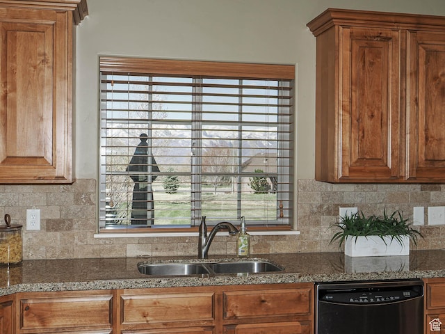 220 S 1970 E, Heber City, UT 84032 - kitchen featuring brown cabinetry, dishwasher, a sink, and decorative backsplash