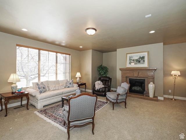 220 S 1970 E, Heber City, UT 84032 - living area featuring light colored carpet, baseboards, a glass covered fireplace, and recessed lighting