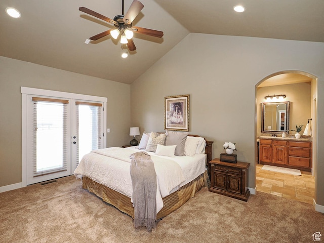 220 S 1970 E, Heber City, UT 84032 - bedroom with visible vents, arched walkways, access to outside, light colored carpet, and lofted ceiling