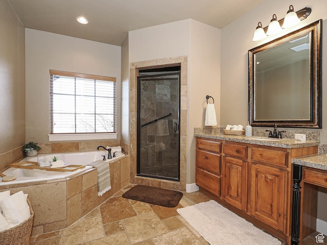 220 S 1970 E, Heber City, UT 84032 - full bath with a garden tub, a shower stall, vanity, a tile fireplace, and stone tile flooring
