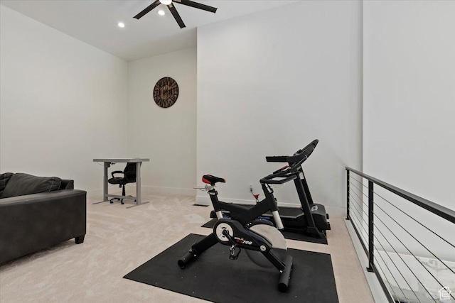 1449 S Devonshire Dr, Salt Lake City, UT 84108 - workout area with light colored carpet, baseboards, a ceiling fan, and recessed lighting