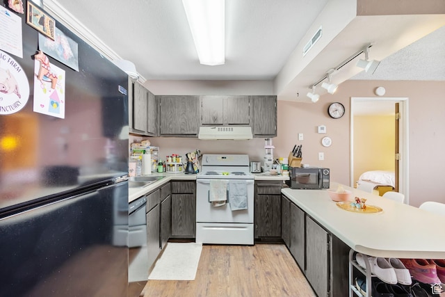 kitchen featuring light countertops, a peninsula, under cabinet range hood, black appliances, and light wood-style flooring