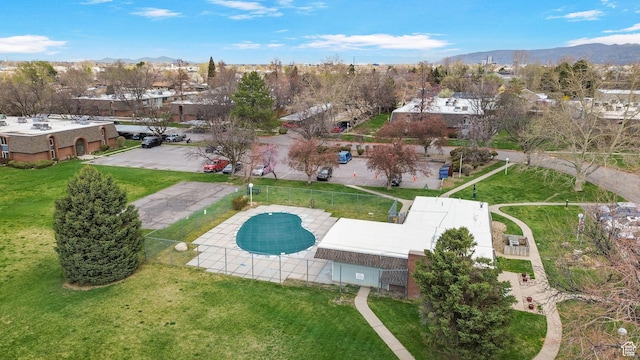 drone / aerial view with a mountain view and a residential view