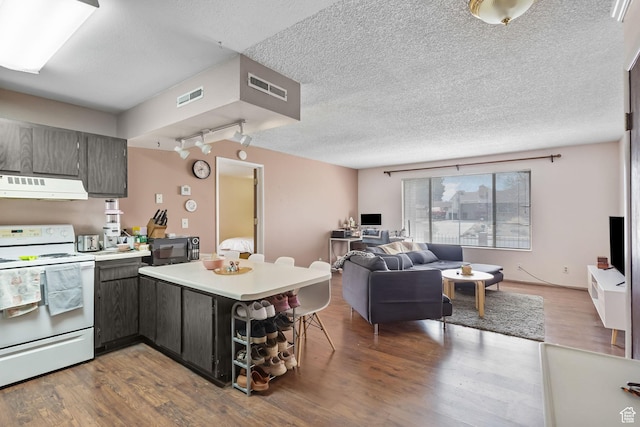 kitchen with range hood, visible vents, a peninsula, black microwave, and white electric range oven