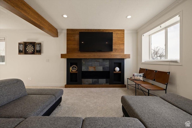 1178 W 13040 S, Riverton, UT 84065 - carpeted living area with recessed lighting, beam ceiling, and baseboards