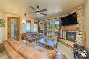 565 S Vasels Rd E Unit 6G, Brian Head, UT 84719 - living room with a fireplace and a ceiling fan