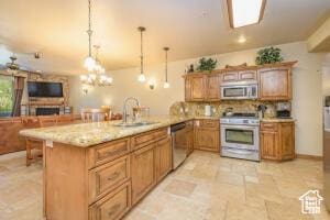565 S Vasels Rd E Unit 6G, Brian Head, UT 84719 - kitchen featuring pendant lighting, a peninsula, appliances with stainless steel finishes, a sink, and open floor plan