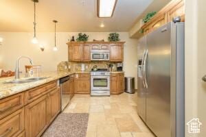 565 S Vasels Rd E Unit 6G, Brian Head, UT 84719 - kitchen with a peninsula, decorative light fixtures, brown cabinets, stainless steel appliances, and a sink