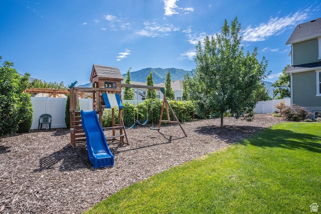 81 E 600 N, Mapleton, UT 84664 - view of jungle gym with a lawn, a fenced backyard, and a mountain view