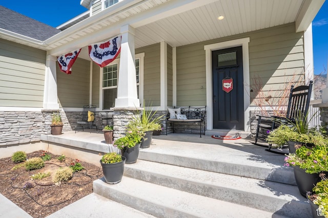 81 E 600 N, Mapleton, UT 84664 - doorway to property featuring a porch and stone siding