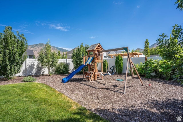 81 E 600 N, Mapleton, UT 84664 - view of playground with a fenced backyard, a mountain view, and a yard
