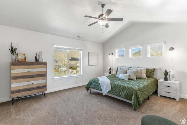 81 E 600 N, Mapleton, UT 84664 - bedroom featuring carpet, lofted ceiling, visible vents, a ceiling fan, and baseboards