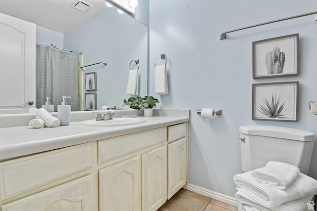 bathroom featuring visible vents, tile patterned flooring, vanity, baseboards, and a shower with curtain