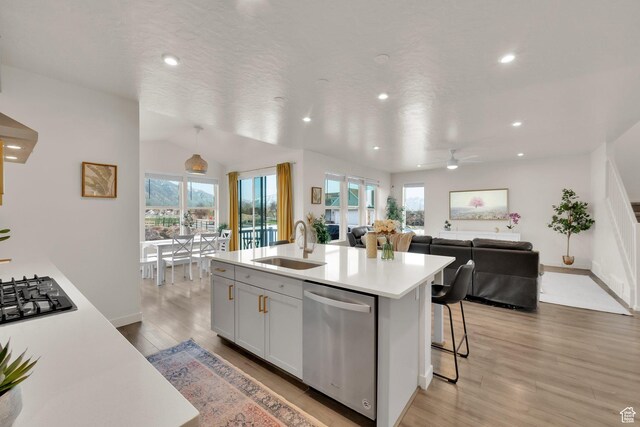 977 S 1480 W, Provo, UT 84601 - kitchen with a sink, light countertops, appliances with stainless steel finishes, an island with sink, and light wood finished floors