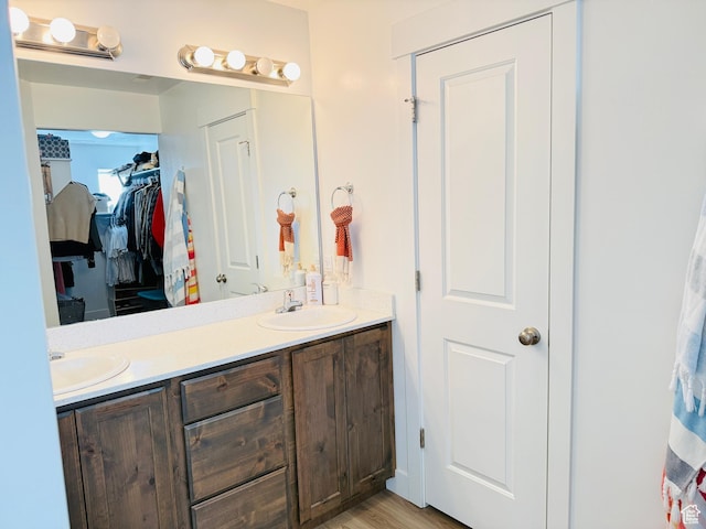 full bathroom featuring wood finished floors, double vanity, a sink, and a walk in closet