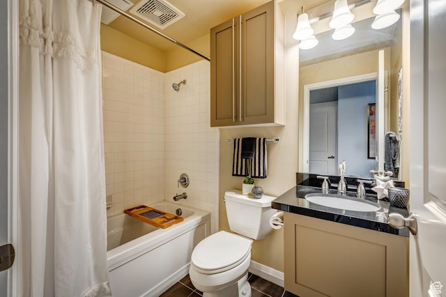 bathroom with shower / bath combo, visible vents, toilet, vanity, and tile patterned floors