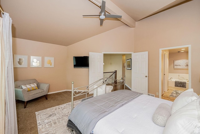 2356 E 3900 S, Millcreek, UT 84124 - carpeted bedroom with high vaulted ceiling, beam ceiling, ensuite bathroom, and a ceiling fan