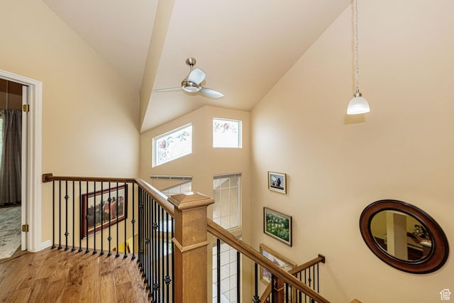 2356 E 3900 S, Millcreek, UT 84124 - stairway with wood finished floors, ceiling fan, and high vaulted ceiling