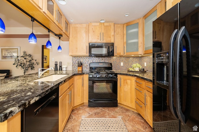 2356 E 3900 S, Millcreek, UT 84124 - kitchen featuring black appliances, backsplash, a peninsula, dark stone countertops, and recessed lighting