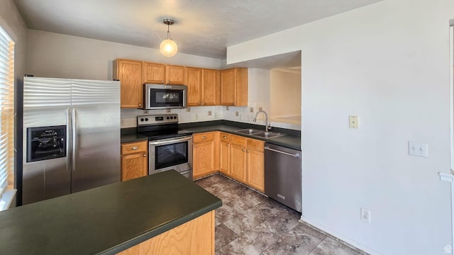 1397 W Archmore Dr, Springville, UT 84663 - kitchen featuring dark countertops, decorative backsplash, a sink, and stainless steel appliances