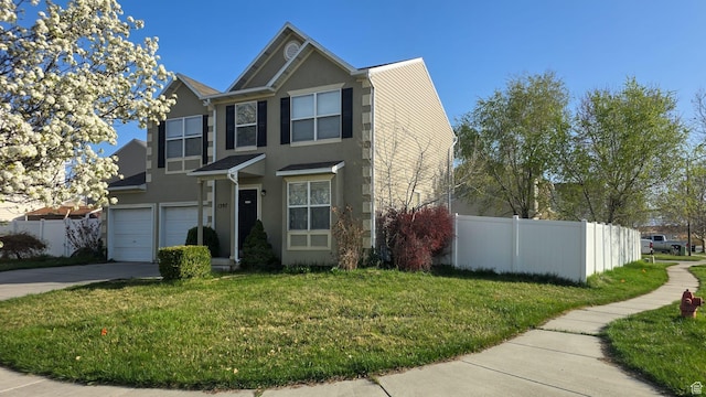 view of front of property featuring an attached garage, fence, stucco siding, and concrete driveway