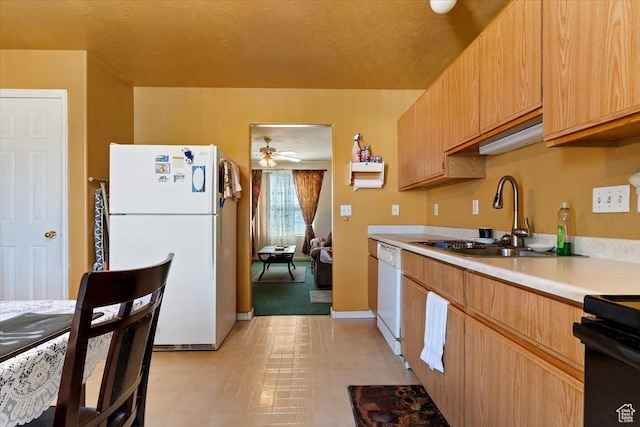 687 N 310 E, Tooele, UT 84074 - kitchen with a sink, light countertops, a ceiling fan, white appliances, and a textured ceiling
