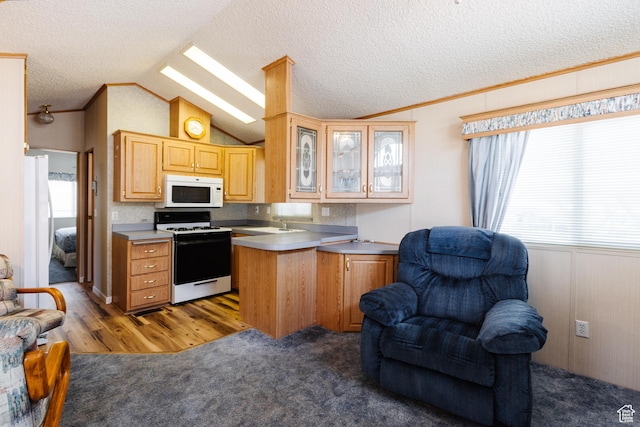 1160 E Telegraph St S Unit 32, Washington, UT 84780 - kitchen featuring glass insert cabinets, light countertops, white appliances, a peninsula, and lofted ceiling with skylight