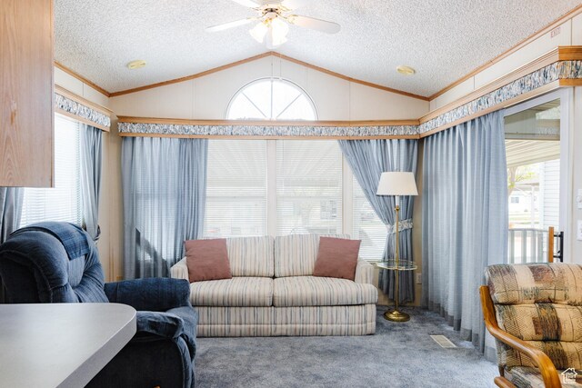 1160 E Telegraph St S Unit 32, Washington, UT 84780 - living room featuring a textured ceiling, a ceiling fan, visible vents, carpet floors, and lofted ceiling