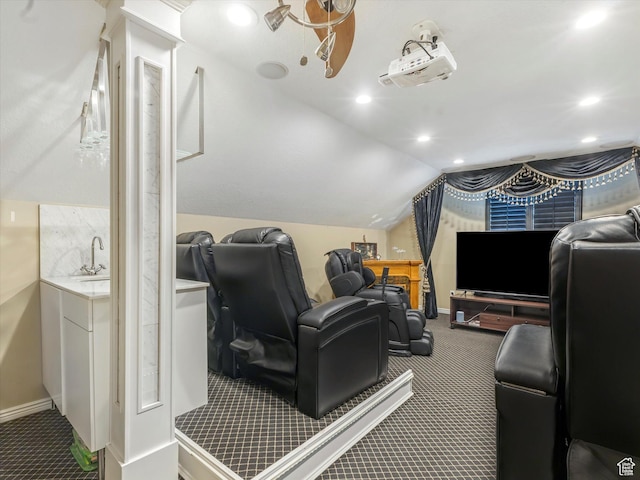 3057 N 3325 W, Plain City, UT 84404 - home theater room featuring baseboards, a sink, recessed lighting, vaulted ceiling, and carpet flooring