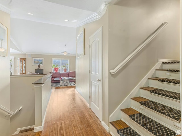 3057 N 3325 W, Plain City, UT 84404 - interior space featuring baseboards, light wood-type flooring, crown molding, and an upstairs landing
