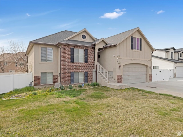 view of front of property with concrete driveway, a front lawn, an attached garage, brick siding, and fence