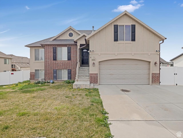3057 N 3325 W, Plain City, UT 84404 - view of front of property with fence, a front lawn, brick siding, an attached garage, and concrete driveway